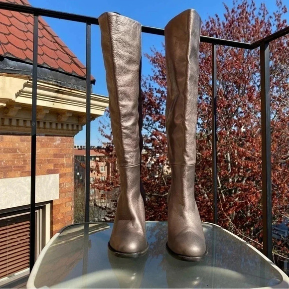 New Free People Grayson Tall Knee High Boots Leather Heeled Pewter Metallic - Picture 5 of 12